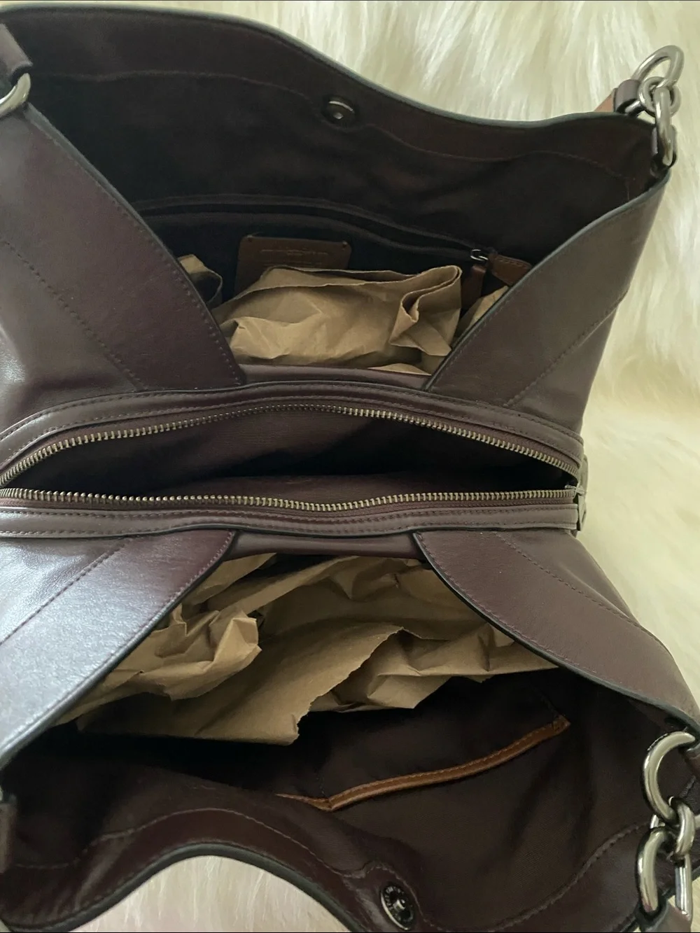 Coach Lexy Carryall Shoulder Bag in Dark Maroon Canvas and Oxblood Leather Trim